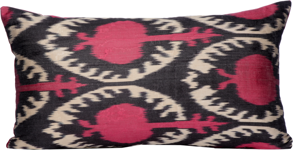 Front view of the luxurious hand-woven Silk Ikat – Pink Pomegranate cushion.