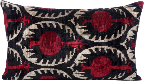 Front view of the luxurious hand-woven Silk Velvet Ikat - Pomegranate  cushion.