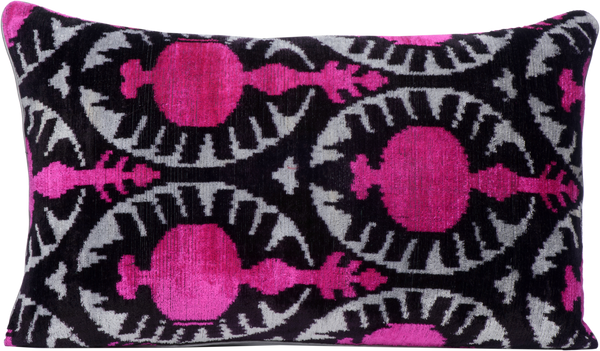 Front view of the luxurious hand-woven Silk Velvet Ikat - Pink Pomegranate cushion.