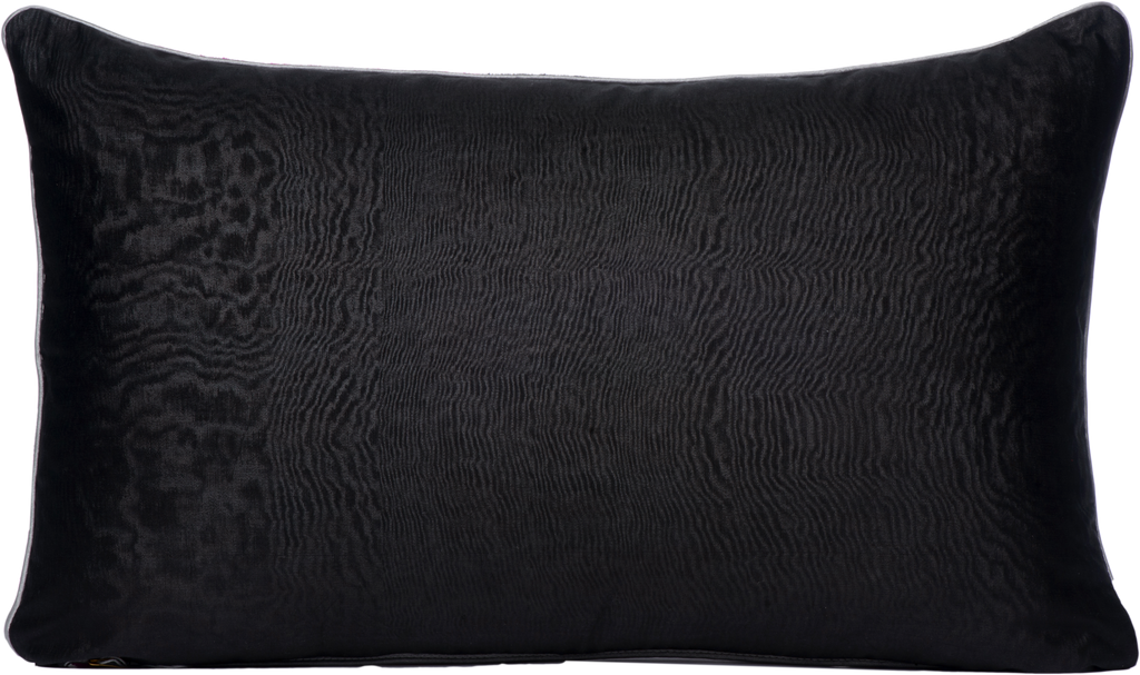 Reverse view of the luxurious hand-woven Silk Velvet Ikat - Pink Pomegranate cushion in black.