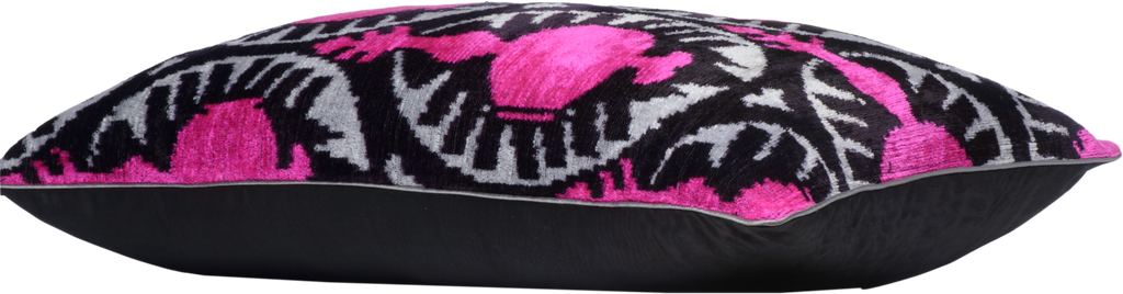 Side view of the luxurious hand-woven Silk Velvet Ikat - Pink Pomegranate cushion.
