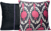 Front and reverse view of the beautiful Pink Pomegranate Silk Ikat Square cushion made with a traditional hand-made central braid. 