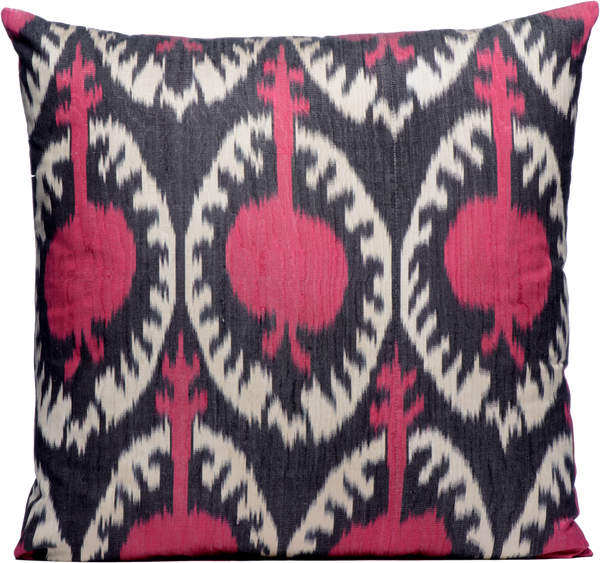 Front view of the beautiful Pink Pomegranate Silk Ikat Square cushion made with fabric that is hand-woven and hand-dyed.