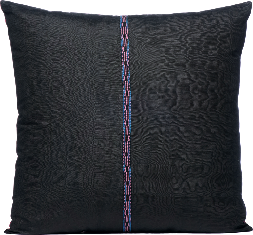 Reversed view of the beautiful Pink Pomegranate Silk Ikat Square cushion made with a traditional hand-made central braid. 