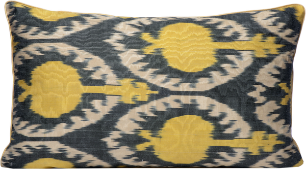Front view of the luxurious hand-woven Silk Ikat - Yellow Pomegranate cushion.