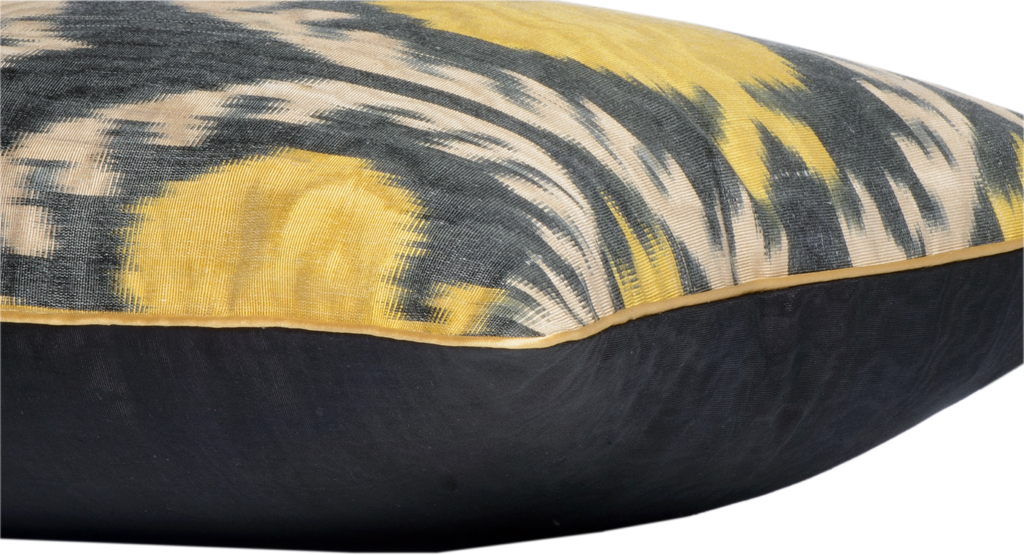 Side view of the luxurious hand-woven Silk Ikat - Yellow Pomegranate Rectangle cushions.