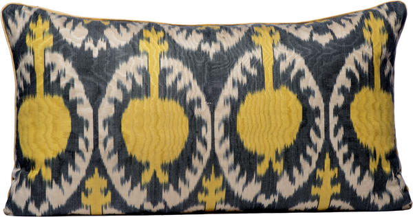 Front view of the luxurious hand-woven Silk Ikat - Yellow Pomegranate Rectangle cushions.