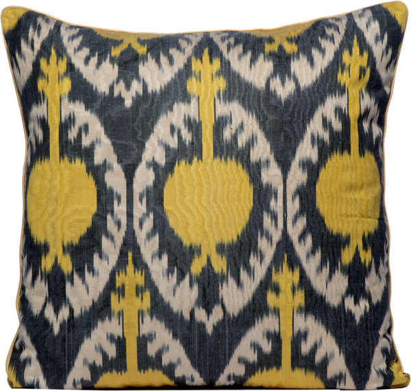 Front view of the luxurious hand-woven Silk Ikat - Yellow Pomegranate Square cushions.