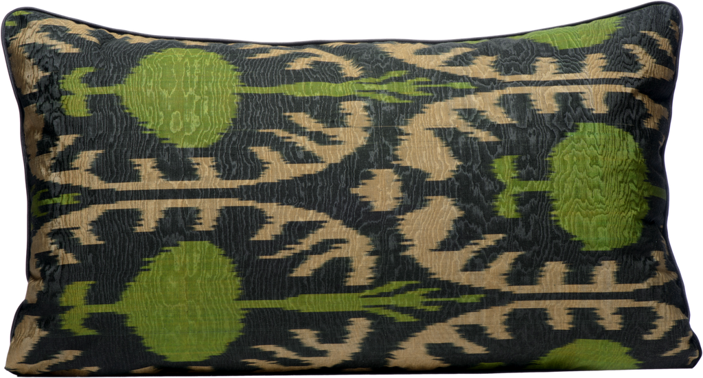 Front view of the luxurious hand-woven Silk Ikat  - Green Pomegranate rectangle cushion.