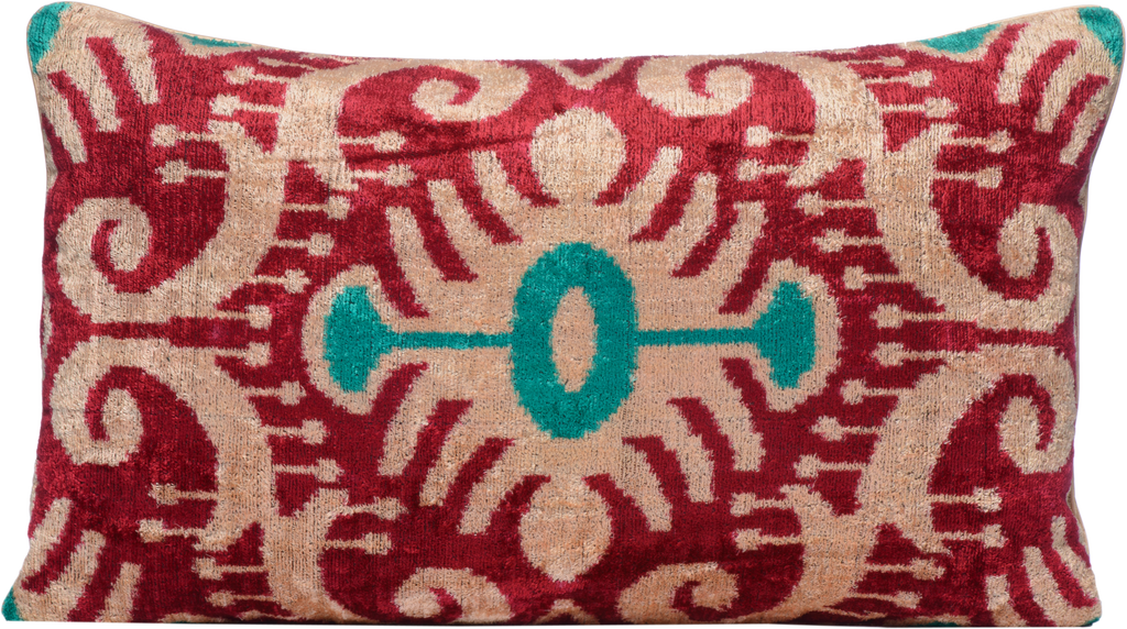 Front view of the luxurious hand-woven Silk Velvet Ikat - Red, Aqua and Cream cushion.