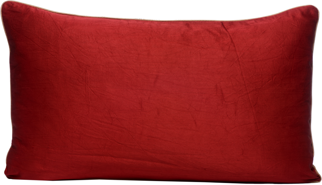 Reverse view of the luxurious hand-woven Silk Velvet Ikat - Red, Aqua and Cream cushion in red.