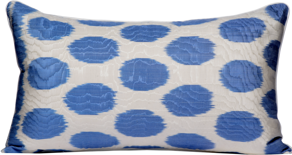 Reversed view of the beautiful Black and White Geometric Pattern Rectangle Silk Ikat Cushions made with fabric that is hand-woven and hand-dyed in blue and white.