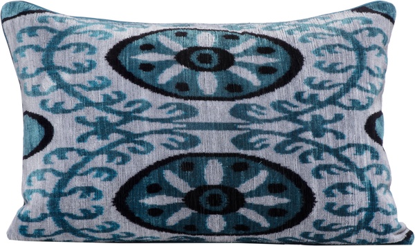 Front view of the luxurious hand-woven Silk Velvet Ikat - Turquoise, Black and Silver cushion.