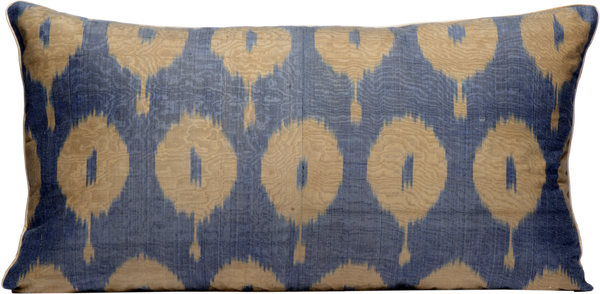 Front view of the beautiful Dark Blue and Cream Rectangle Silk Ikat reversable cushions made with fabric that is hand-woven and hand-dyed.