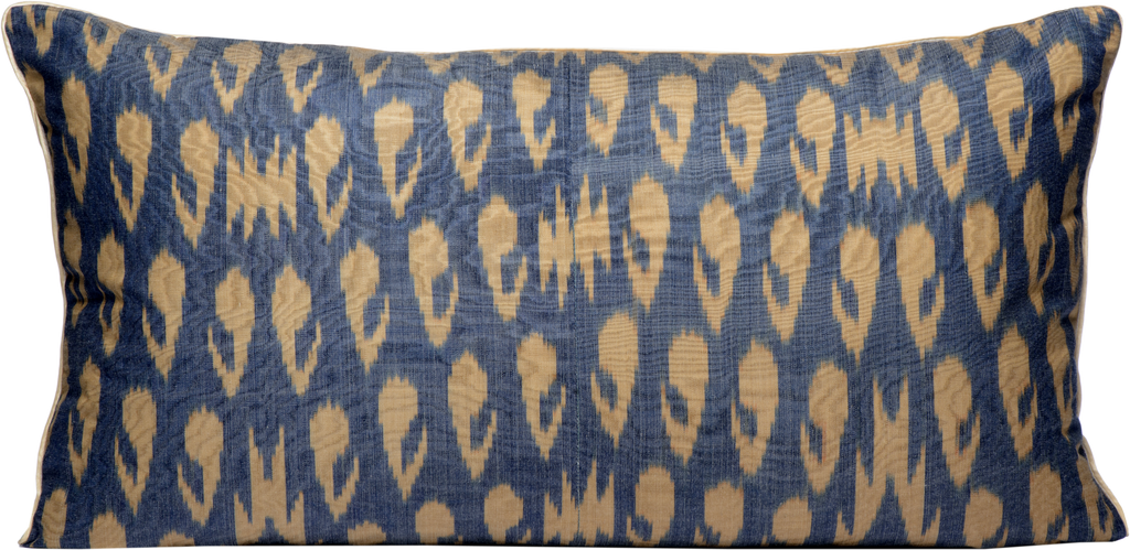 Reversed view of the beautiful Dark Blue and Cream Rectangle Silk Ikat Cushions made with fabric that is hand-woven and hand-dyed in blue and white.