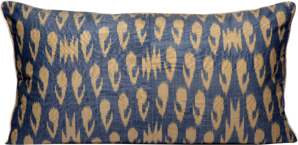 Reversed view of the beautiful Dark Blue and Cream Rectangle Silk Ikat Cushions made with fabric that is hand-woven and hand-dyed in blue and white.