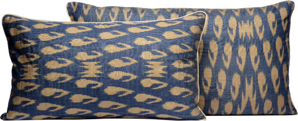 Side by side view of two beautiful Dark Blue and Cream Rectangle Silk Ikat Cushions in different sizes made with fabric that is hand-woven and hand-dyed.