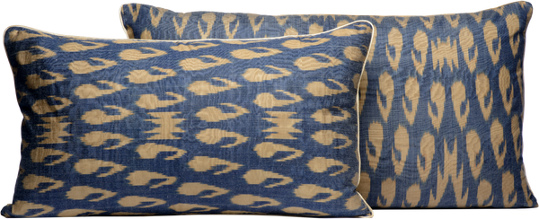 Side by side view of two beautiful Dark Blue and Cream Rectangle Silk Ikat Cushions in different sizes made with fabric that is hand-woven and hand-dyed.