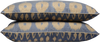 Side view of two beautiful Dark Blue and Cream Rectangle Silk Ikat Cushions in different sizes made with fabric that is hand-woven and hand-dyed.