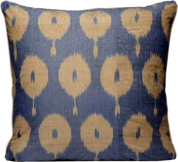 Front view of the beautiful Dark Blue and Cream Square Silk Ikat reversable cushion made with fabric that is hand-woven and hand-dyed.