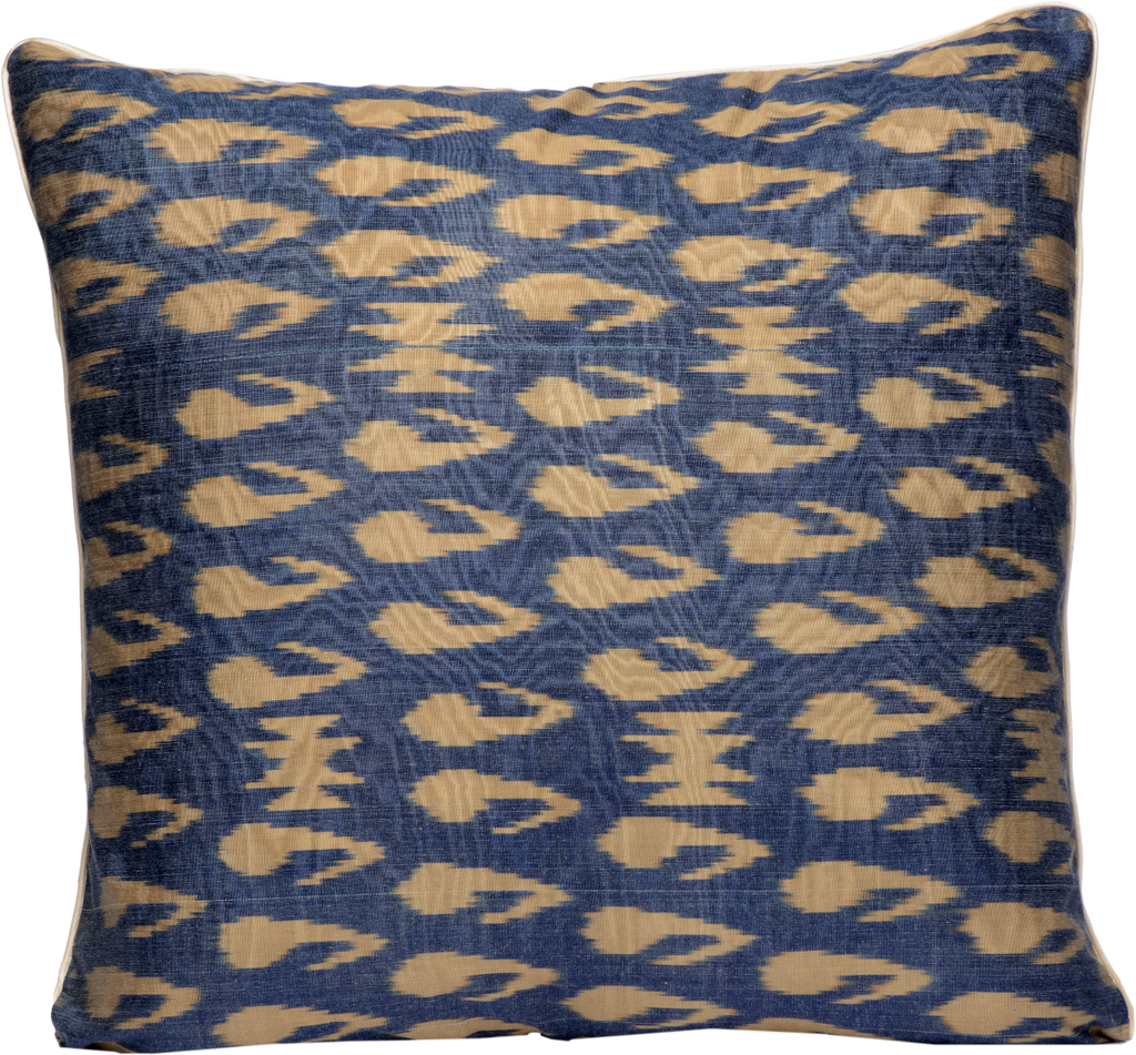Reversed view of the beautiful Dark Blue and Cream Square Silk Ikat Cushion made with fabric that is hand-woven and hand-dyed.