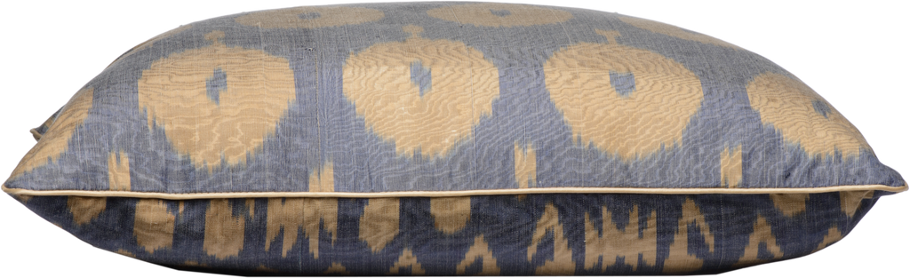 Side view of the beautiful Dark Blue and Cream Square Silk Ikat Cushions in different sizes made with fabric that is hand-woven and hand-dyed.