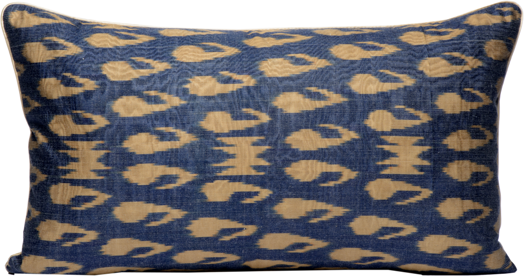 Front view of the beautiful Dark Blue and Cream Silk Ikat cushion made with fabric that is hand-woven and hand-dyed.
