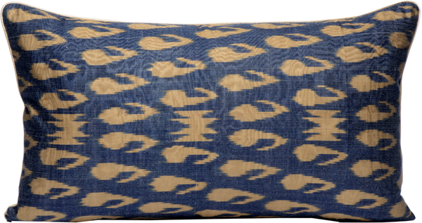 Front view of the beautiful Dark Blue and Cream Silk Ikat cushion made with fabric that is hand-woven and hand-dyed.