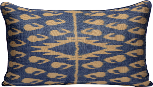 Front view of the hand woven reversible Silk Ikat Cushion with Dark Blue and Cream pattern