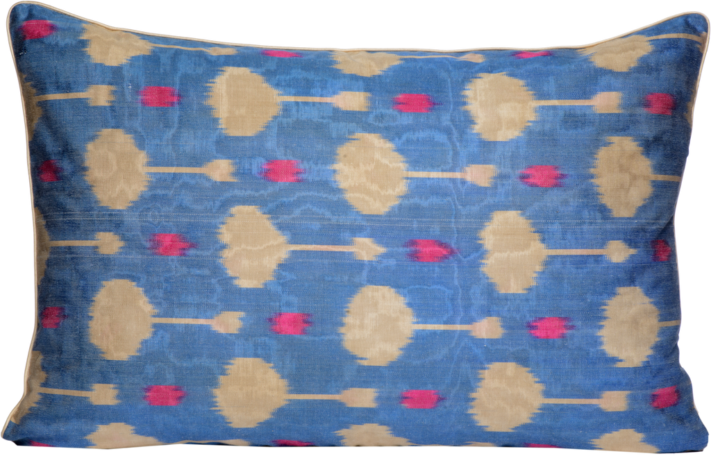 Front view of the beautiful Blue with Beige and Pink Drops Silk Ikat cushion made with fabric that is hand-woven and hand-dyed.