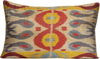 Front view of the luxurious hand-woven Silk Ikat cushion in Red, Yellow and Grey Shades. 