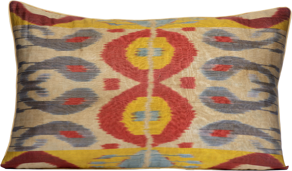 Front view of the luxurious hand-woven Silk Ikat cushion in Red, Yellow and Grey Shades. 