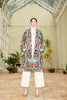 Model is wearing a Silk Ikat Shawl Coat - Feruza - 'Turquoise'