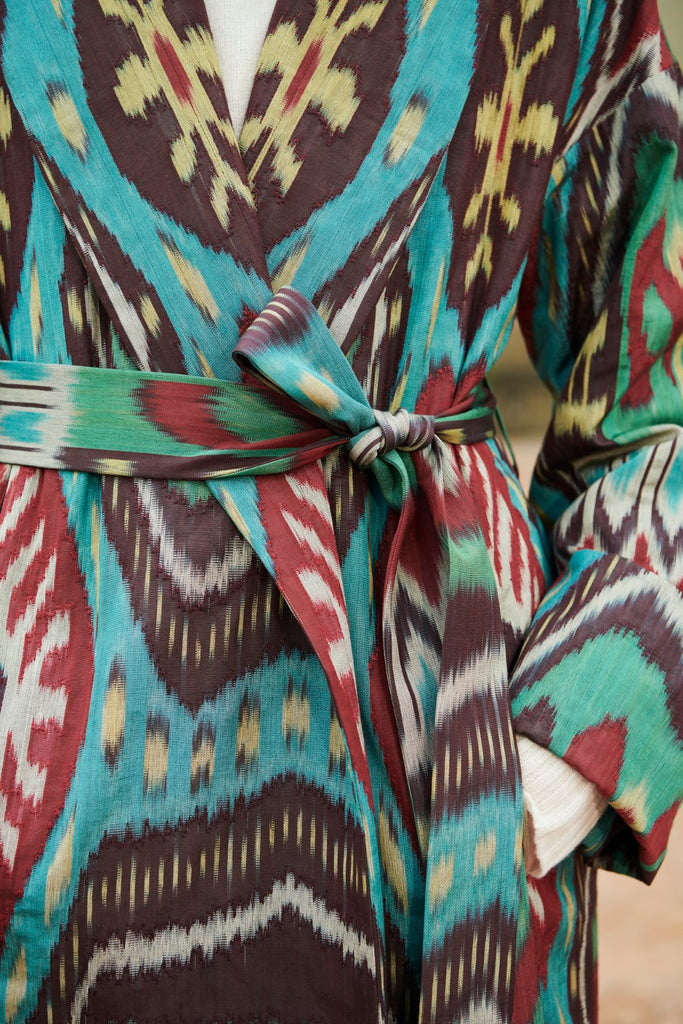 Close-up view of the design of the Silk Ikat Shawl Coat - Feruza  