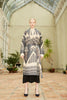 Front view of a model wearing a silk ikat shawl coat  - Farida 'Special' 