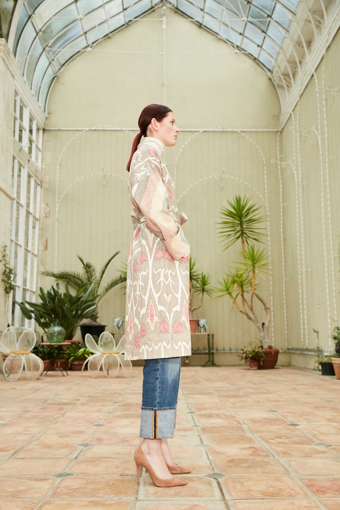 Side view of the beautiful Silk Ikat Coat - Shirin ‘Sweet’ inspired by the traditional Uzbek Chapan