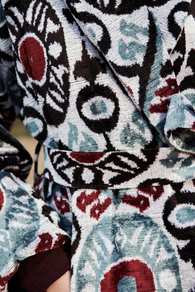 Close-up view of the design on the Silk Velvet Ikat Shawl Coat - Gulya