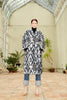 Front belted view of a model wearing the Silk Velvet Ikat Shawl Coat - Azoda
