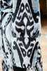 Close-up view of the design on the Silk Velvet Ikat Shawl Coat - Azoda
