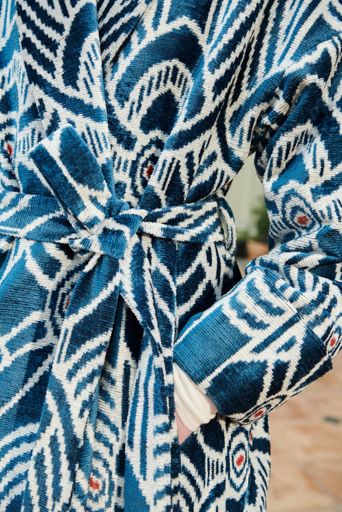 Close-up view of the design on the Silk Velvet Ikat Shawl Coat - Camila