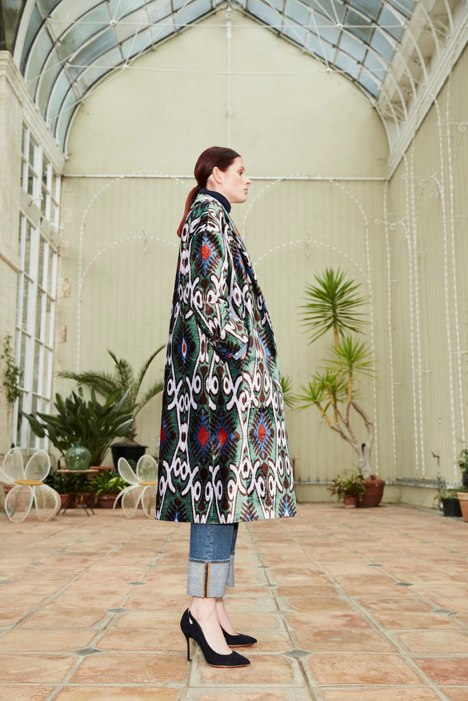 Side view of Aziza 'Majestic' a limited edition Silk Velvet Ikat Shawl Coat