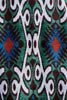 Zoomed in view of the design on the Aziza 'Majestic' a limited edition Silk Velvet Ikat Shawl Coat