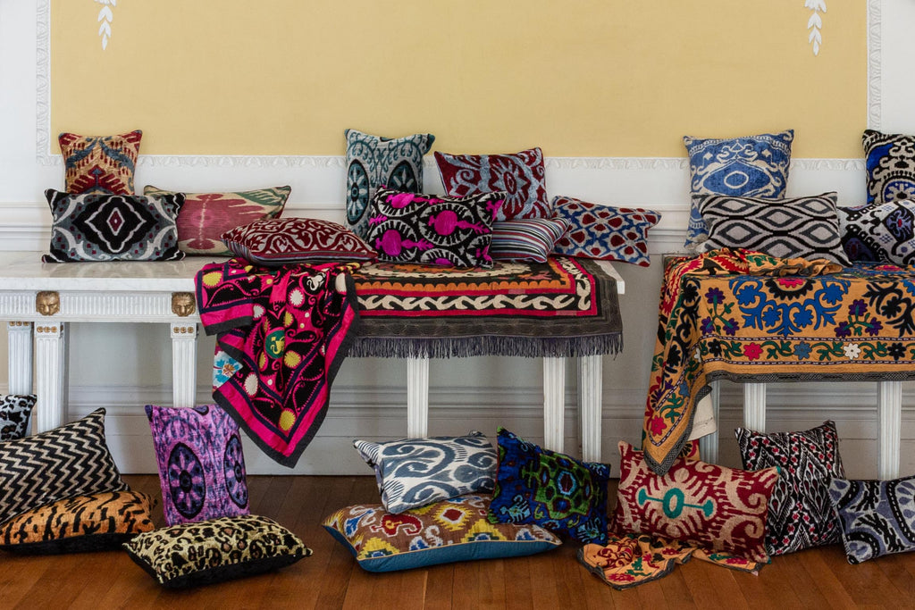 View of the luxurious hand-woven Silk Velvet Ikat cushions.